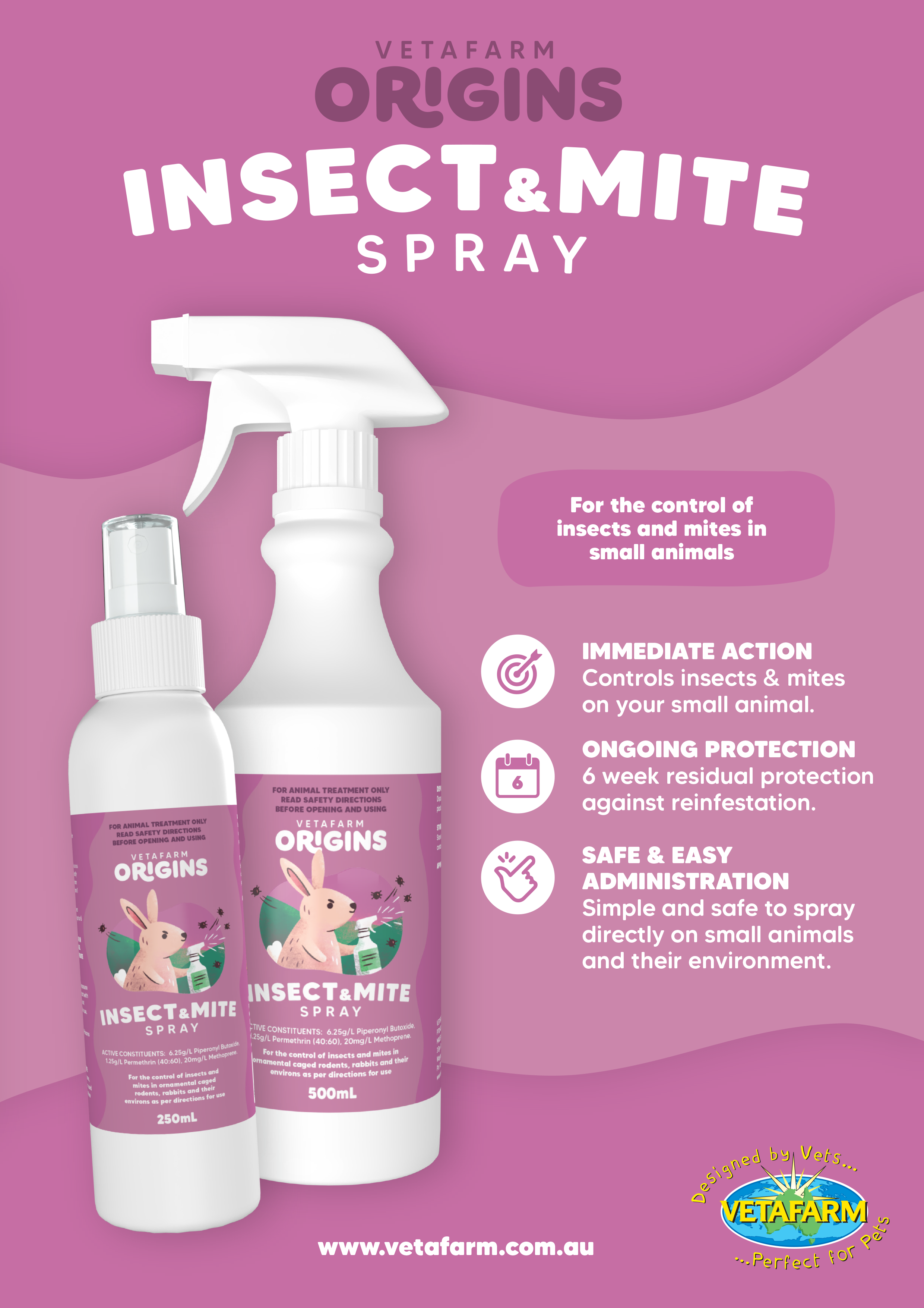 Origins Insect & Mite Spray (Vetafarm) for Rabbits & Small Animals - 6 Week Shield